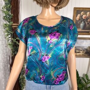 Featherbed New York Blouse Womens Small Teal Paisley Floral Satin Top Excellent